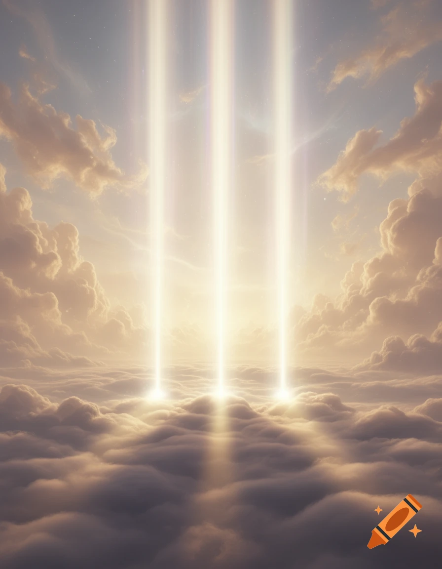 Three radiant light beams descend through a bright, cloudy sky, creating a heavenly scene.
