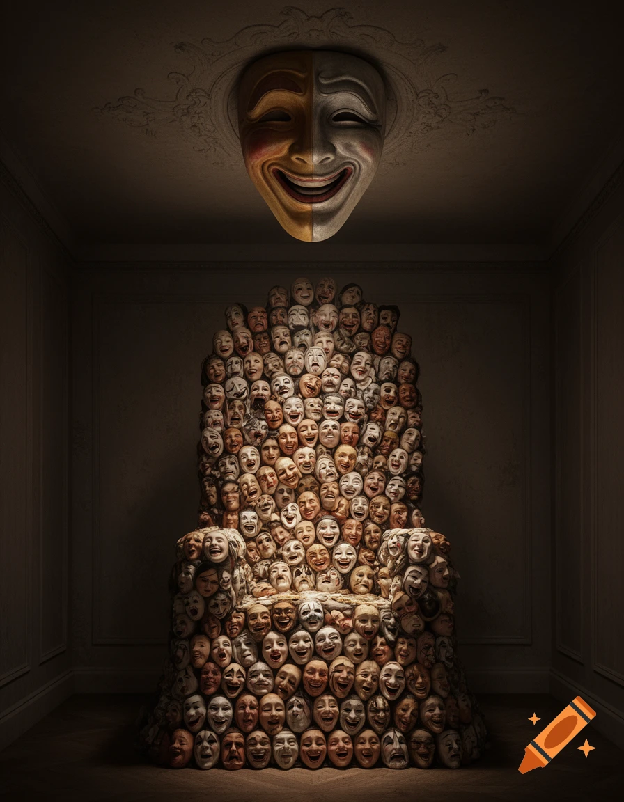 A dark room with a throne made of hundreds of grimacing, smiling, and crying masks, and a large split comedy/tragedy mask on the ceiling.