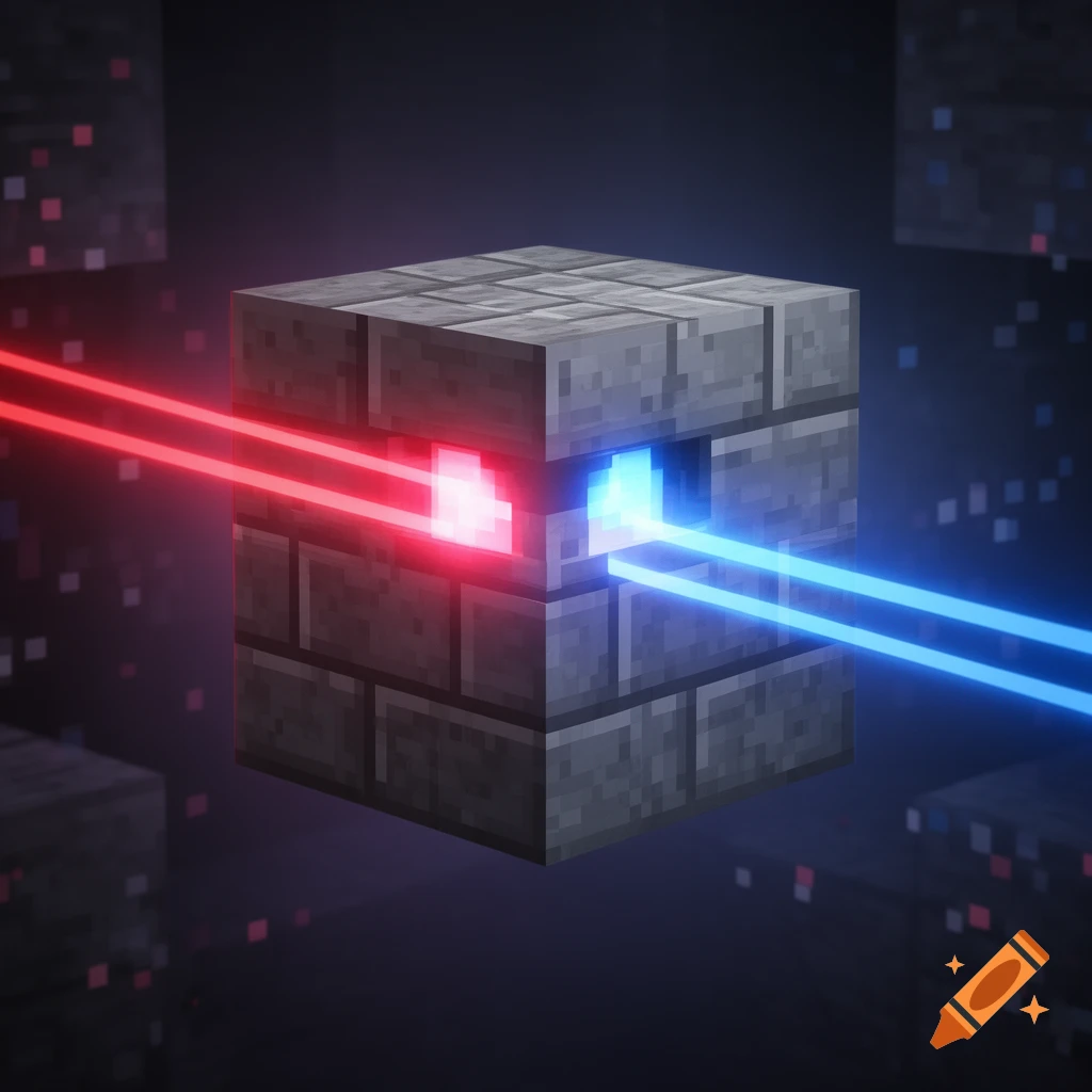A 3D Minecraft stone brick block emits glowing red and blue laser beams in a dark, pixelated environment.