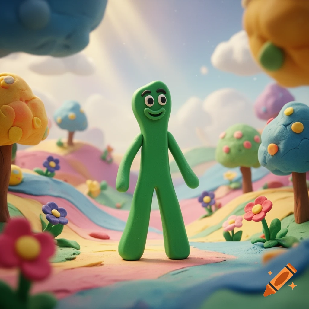 Gumby stands in a vibrant, whimsical claymation landscape with colorful hills, trees, and flowers.