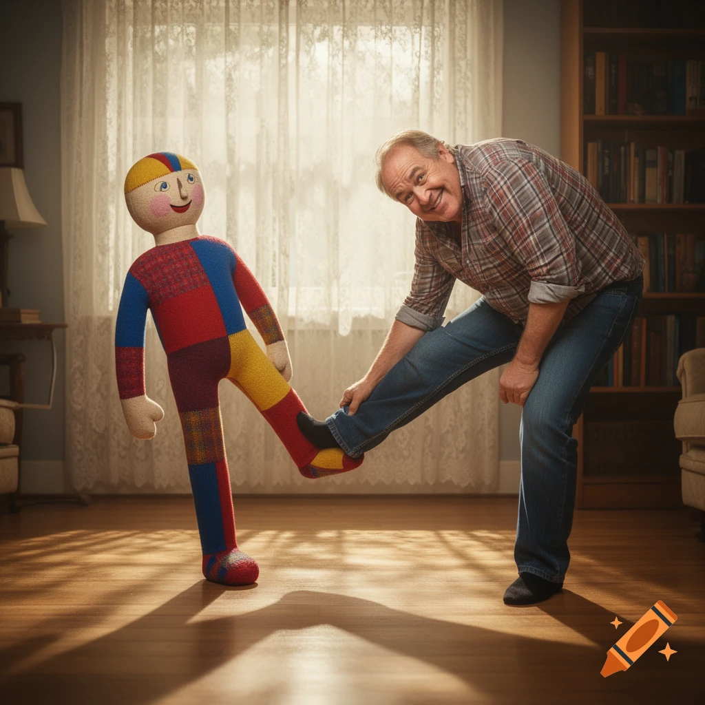 A smiling older man holds the leg of a large, colorful patchwork rag doll in a living room, illustrating the idiom 'pull one's leg'.