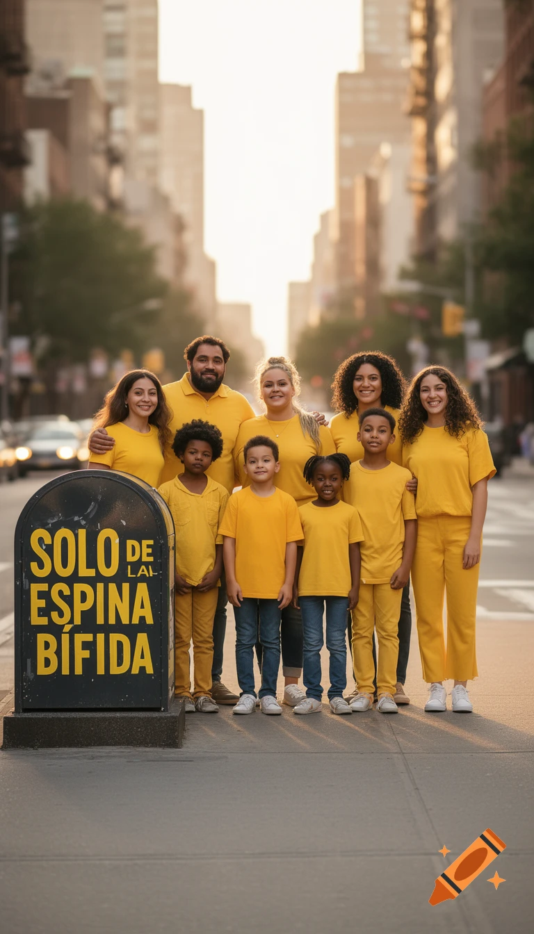 A diverse group of adults and children in yellow shirts stand on a city street next to a sign reading "SOLO DE LA ESPINA BÍFIDA". Photorealistic.