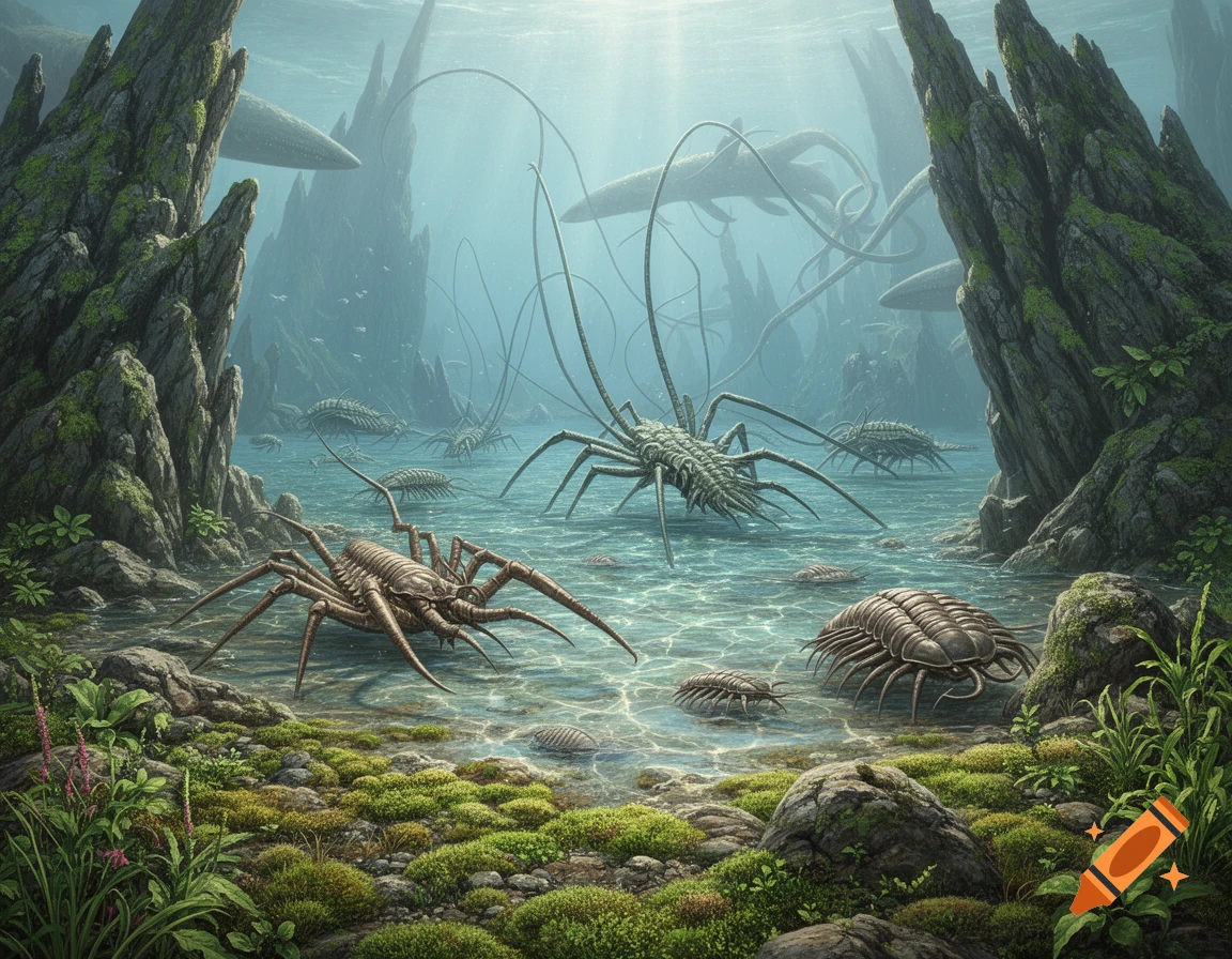 Large prehistoric arthropods and trilobites are in clear, shallow water surrounded by moss-covered rock formations.