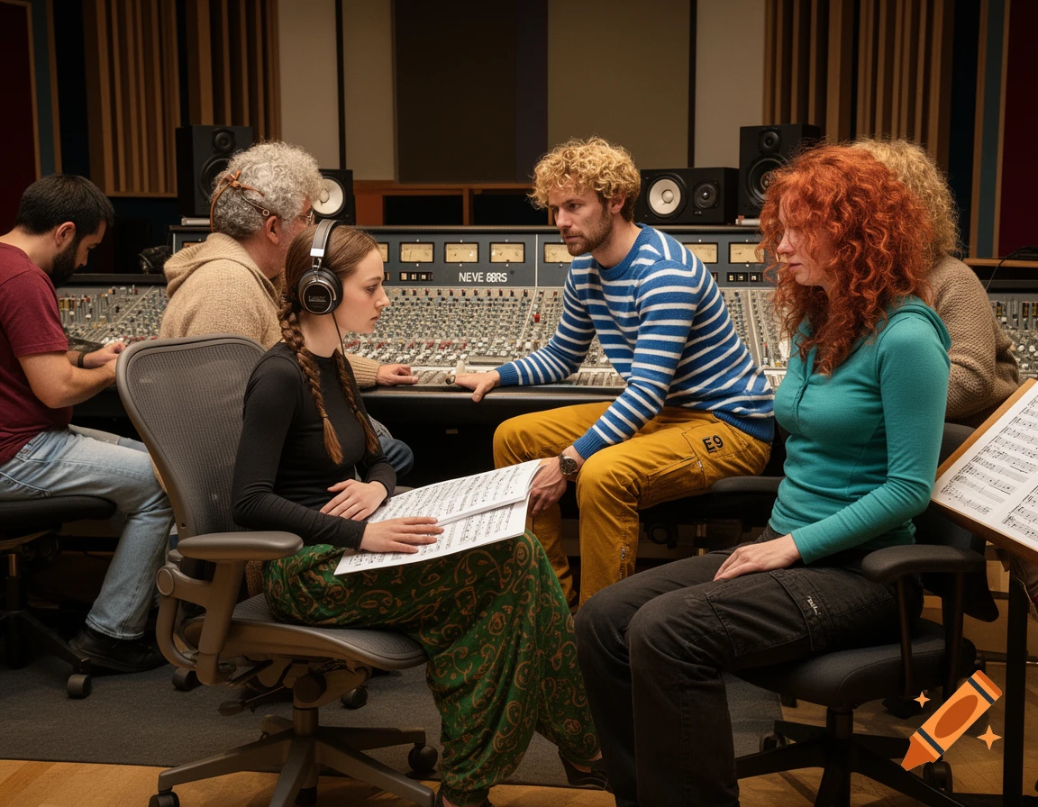 People in a recording studio control room, some working at a large mixing board, others reading sheet music.