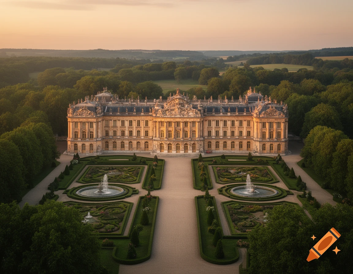 Aerial view of a magnificent ornate palace with extensive symmetrical formal gardens and fountains, surrounded by lush green forests under a soft sunset sky.
