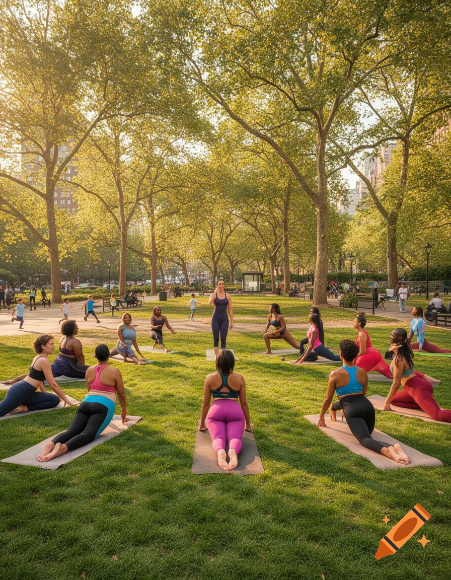 A group of diverse women practice yoga with an instructor in a sunny park with trees.