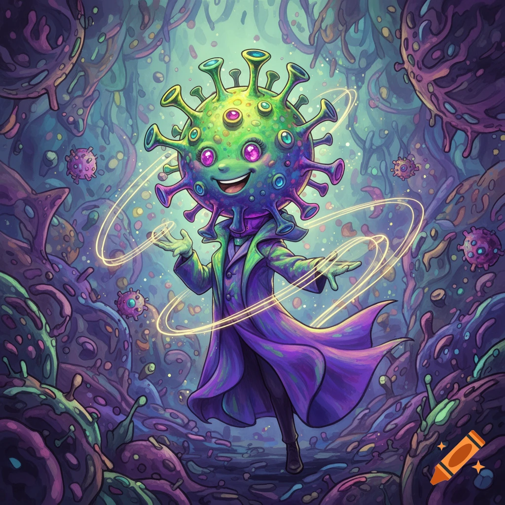 Vibrant cartoon illustration of a happy, green and purple virus character in a coat, surrounded by glowing lines and microscopic forms.
