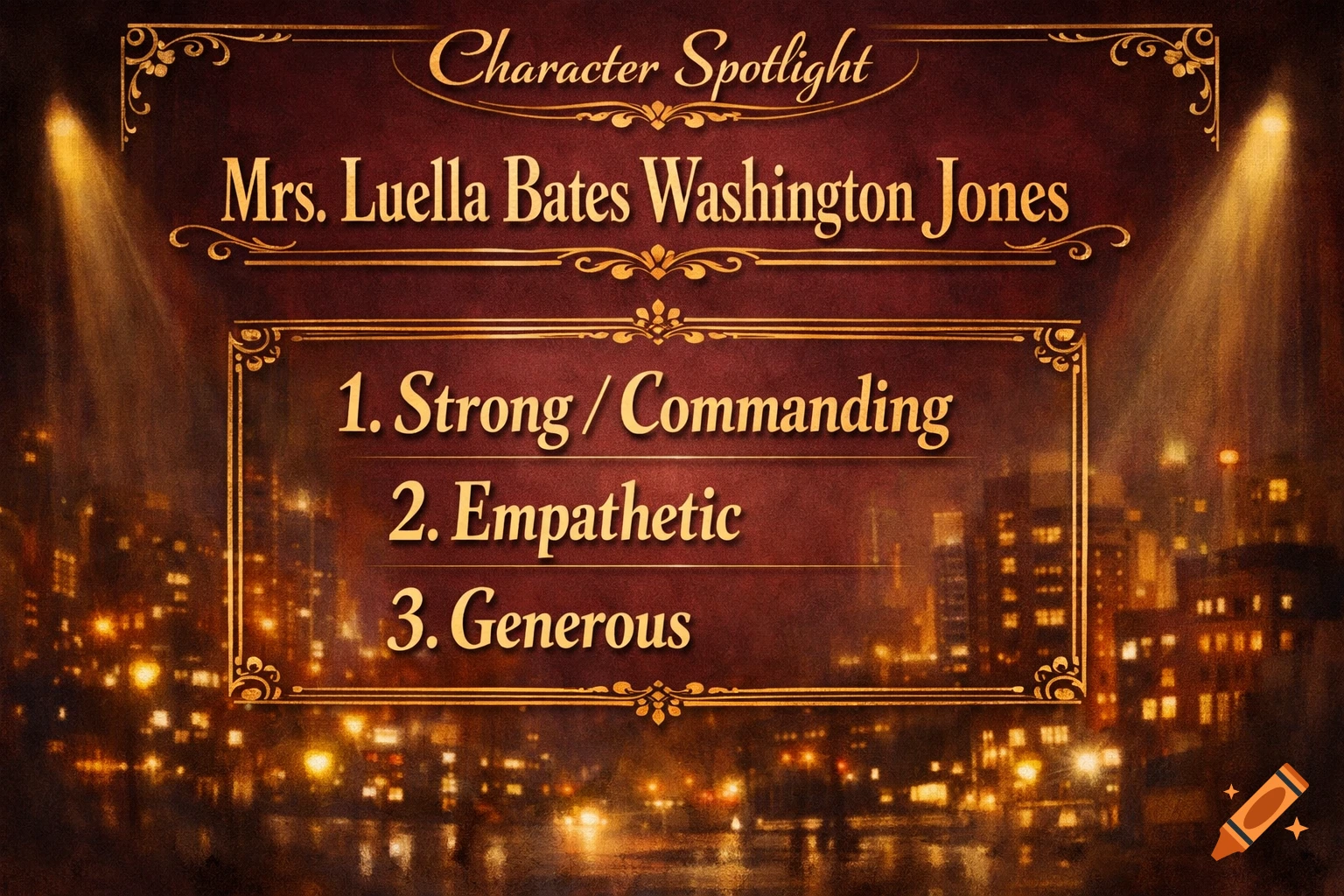 A character spotlight graphic on a dark red background with gold ornate frames, featuring the name Mrs. Luella Bates Washington Jones and three traits: Strong/Commanding, Empathetic, Generous. Blurred city lights are visible in the background.