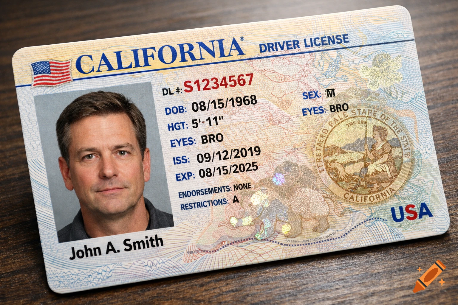 Close-up of a photorealistic California driver's license for John A. Smith, with personal details and a photo.
