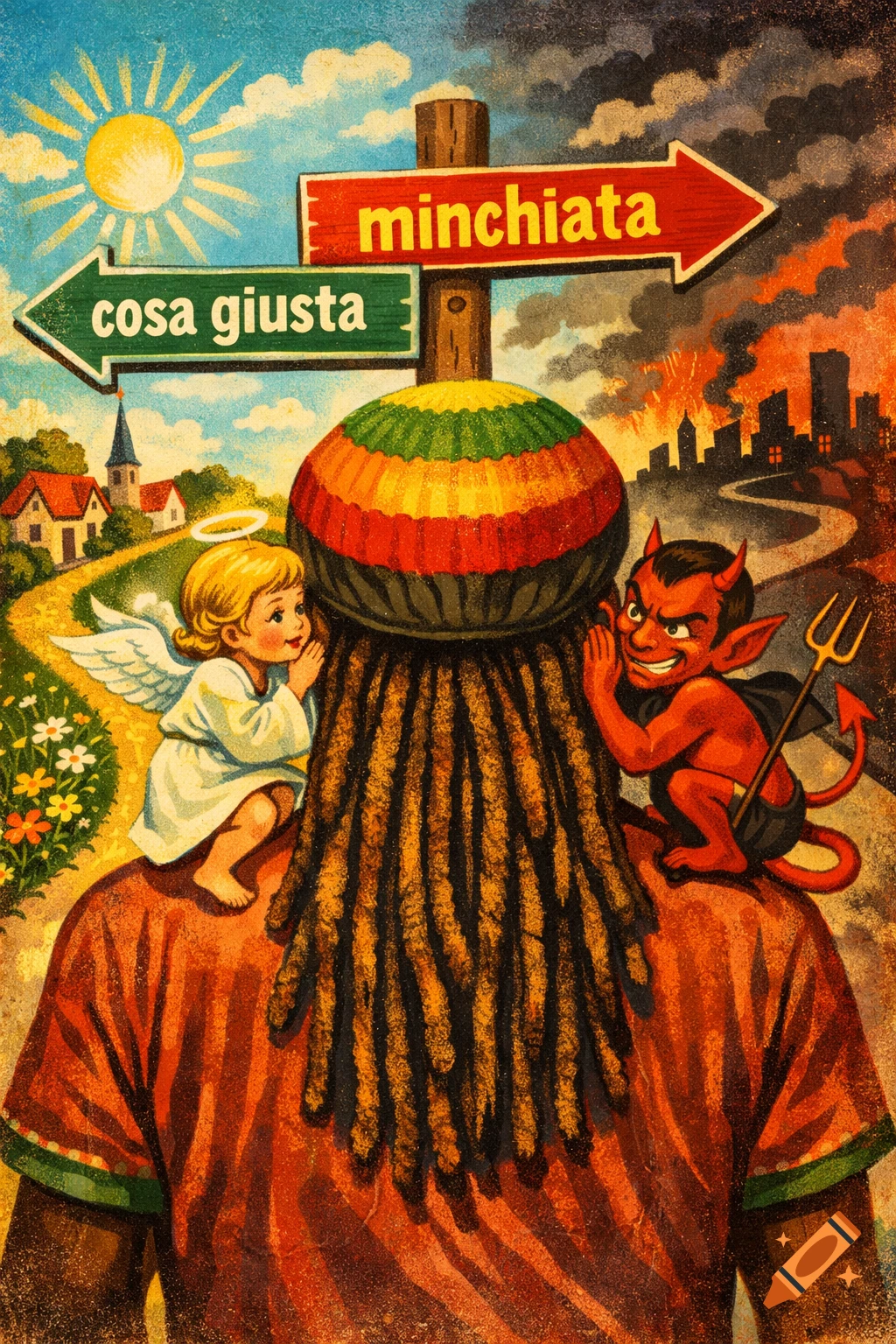 Vintage illustration of a person with dreadlocks, an angel, and a devil at a crossroads with signs 'cosa giusta' and 'minchiata'.