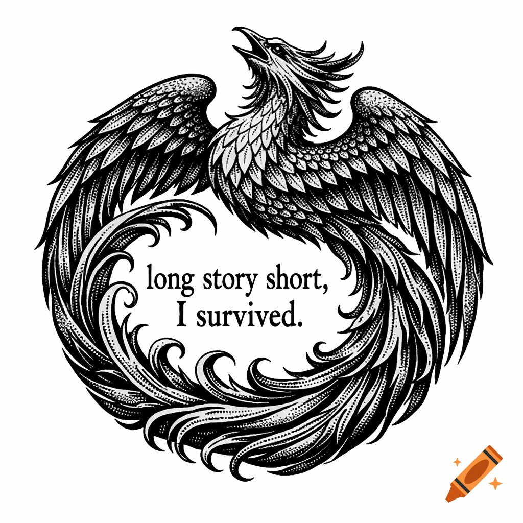 A black ink tattoo design of a phoenix in a circular wreath, with the text 'long story short, I survived.'