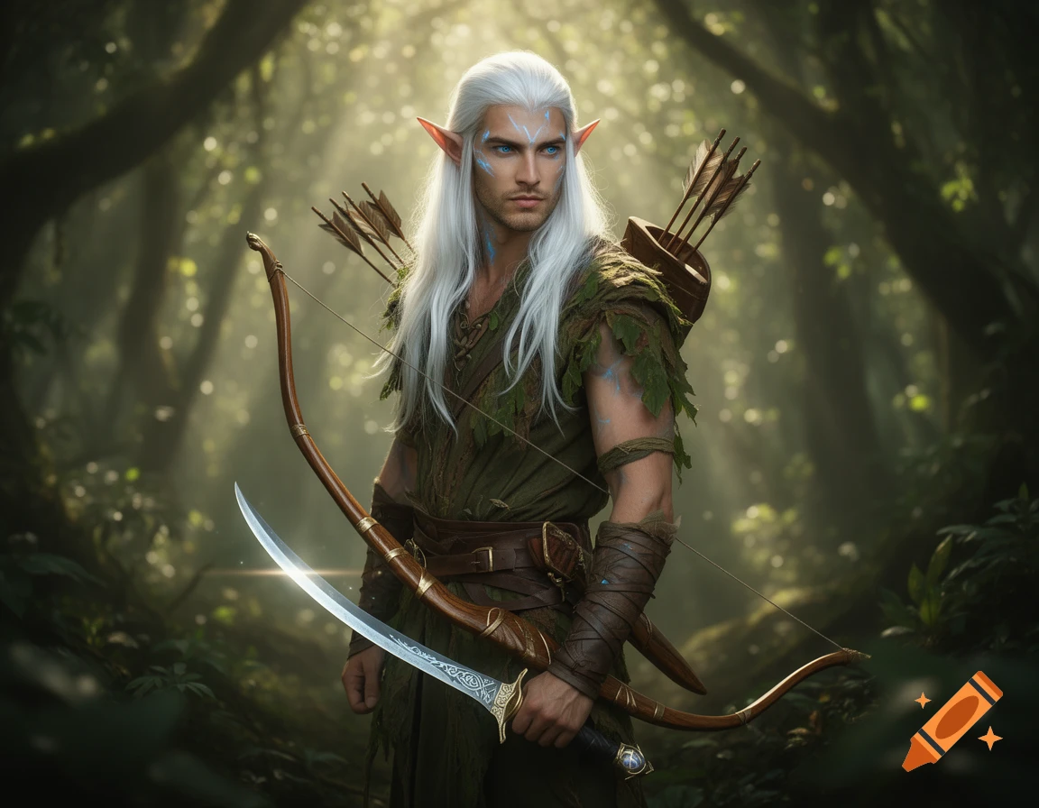 A male wood elf with long white hair, blue eyes, and face markings stands in a sunlit forest, holding a bow and a scimitar.