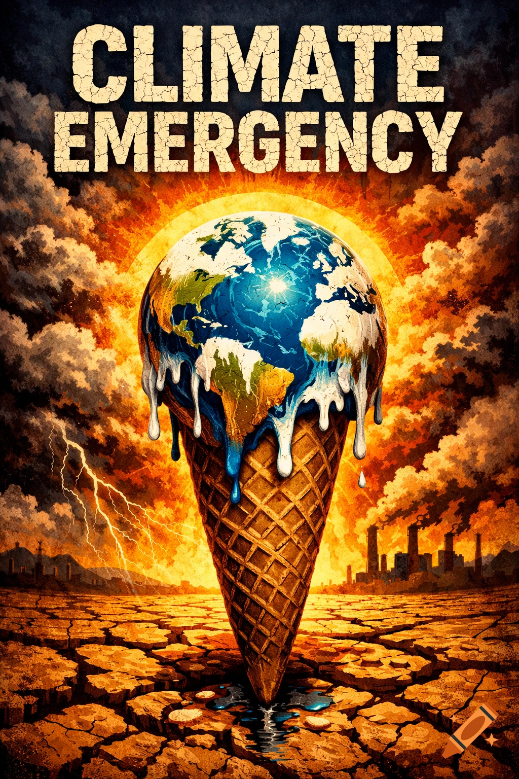 An illustrative poster shows the Earth melting like an ice cream cone over cracked earth under a fiery, smoky sky, with 'CLIMATE EMERGENCY' text.