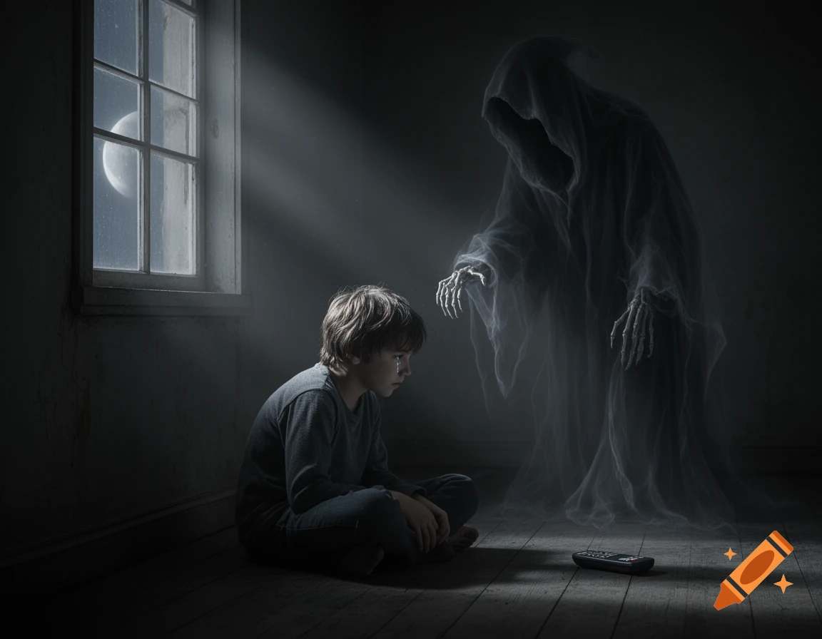 A sad boy sits on a dark wooden floor, illuminated by moonlight through a window, with a ghostly reaper figure looming behind him. A remote control lies nearby.