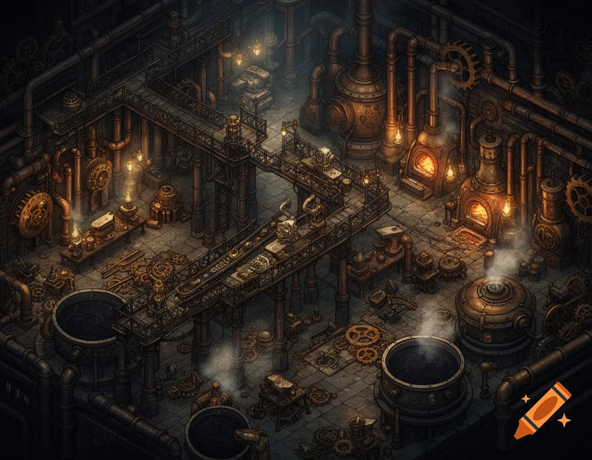 Detailed isometric 2D RPG battlemap of a dark steampunk factory with glowing furnaces, pipes, gears, and machinery.