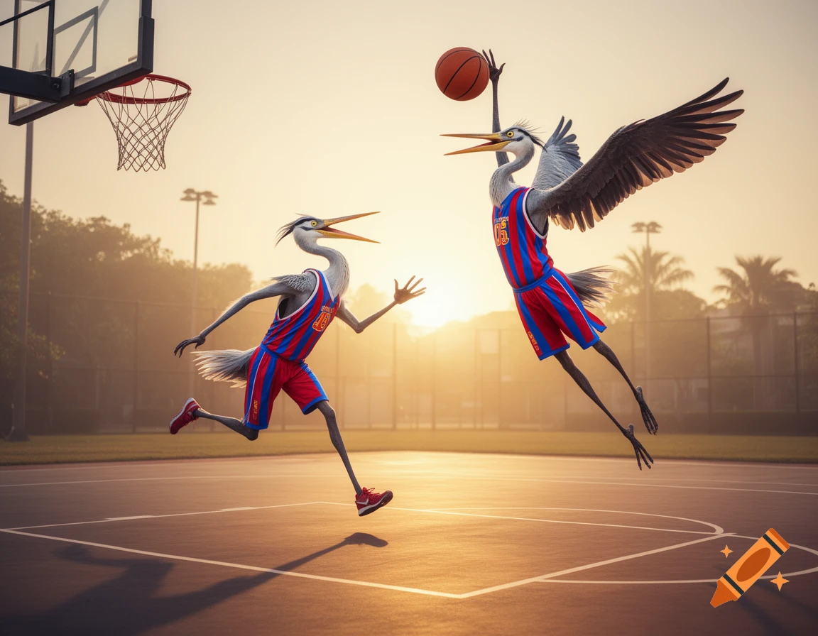 Two anthropomorphic herons in red and blue jerseys playing basketball on an outdoor court at sunset, one dribbling, one jumping to block.