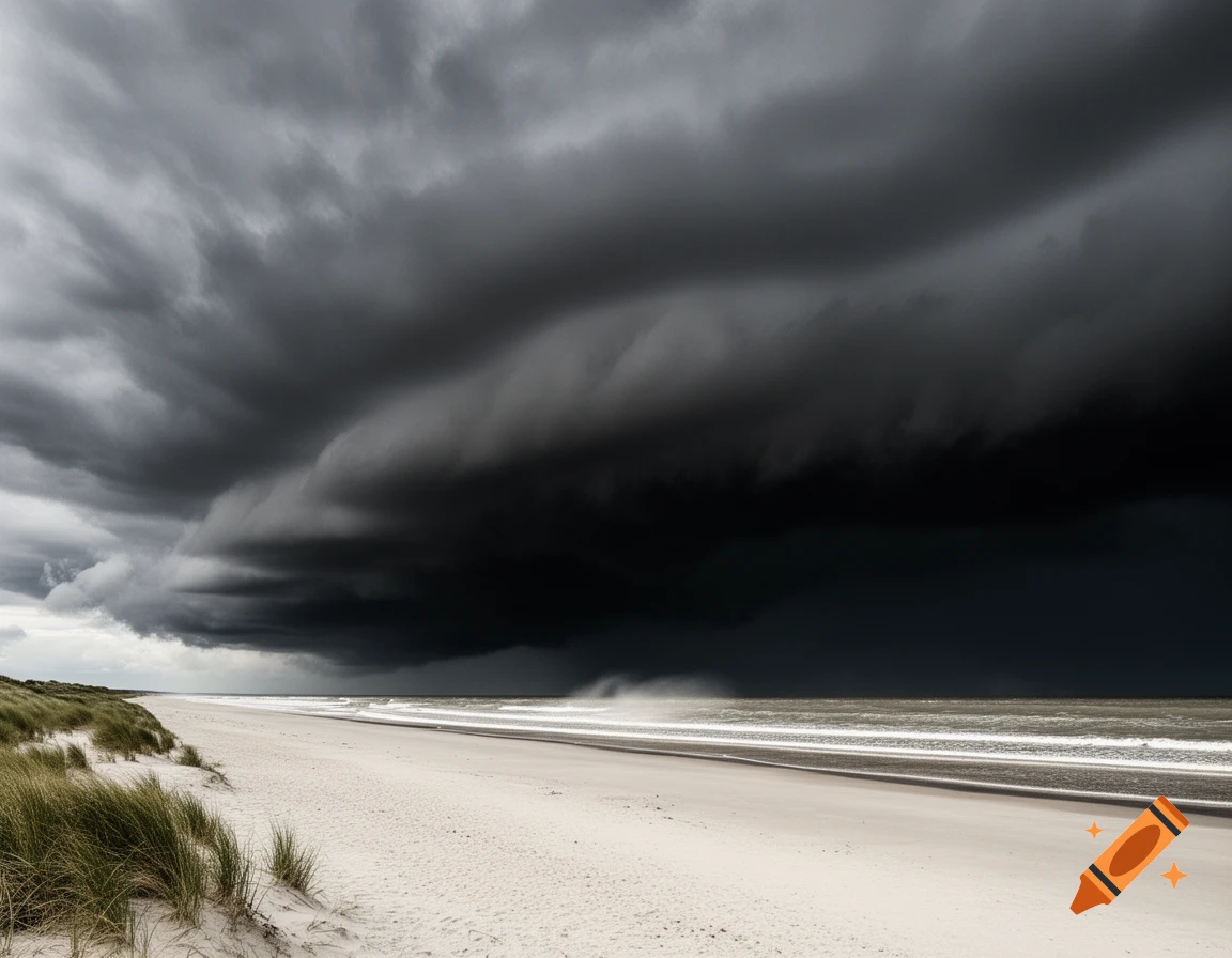 A dramatic, dark storm cloud looms over a wide sandy beach and ocean ...