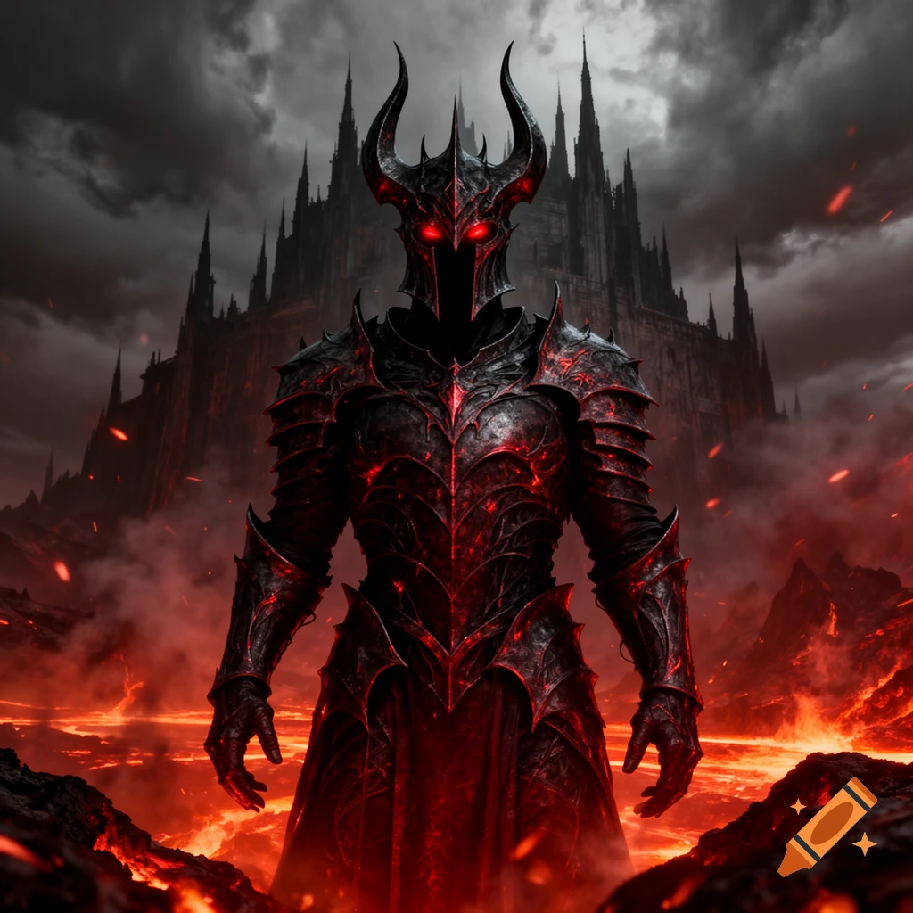 A dark lord in horned, spiky black and red armor with glowing red eyes ...