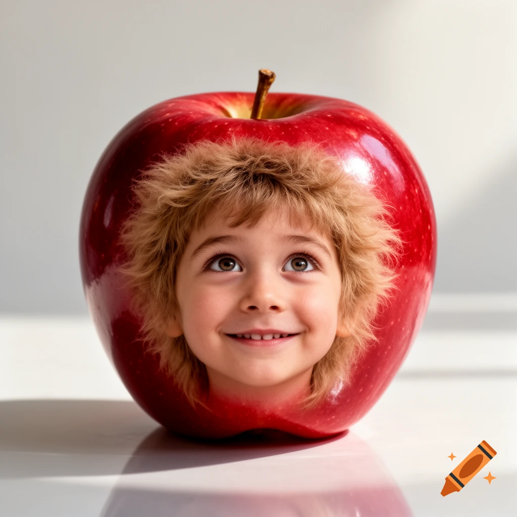 A smiling child's face with fluffy brown hair emerges from the center of a large, shiny red apple.