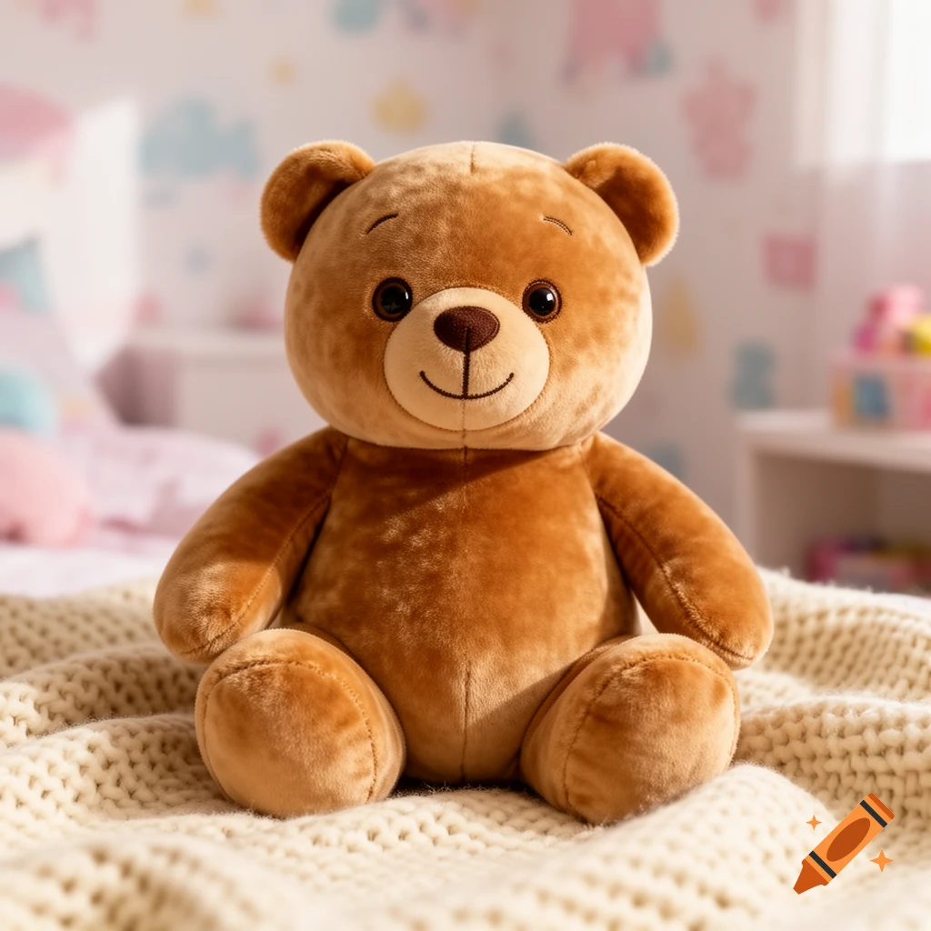 A brown plush teddy bear sits on a cream knitted blanket in a softly lit child's bedroom.