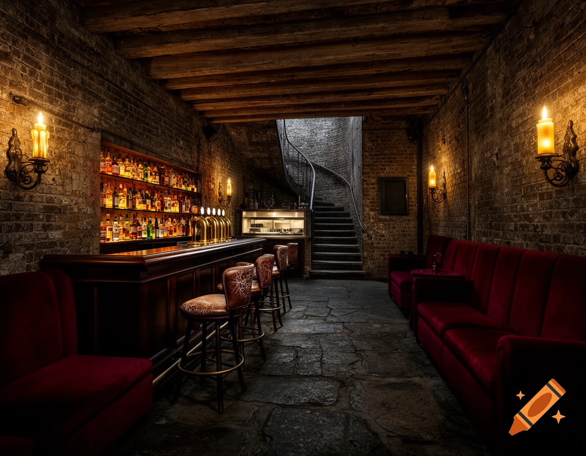 Underground Rustic Bar Photorealistic gothic underground bar with brick walls, wooden bar, red ...