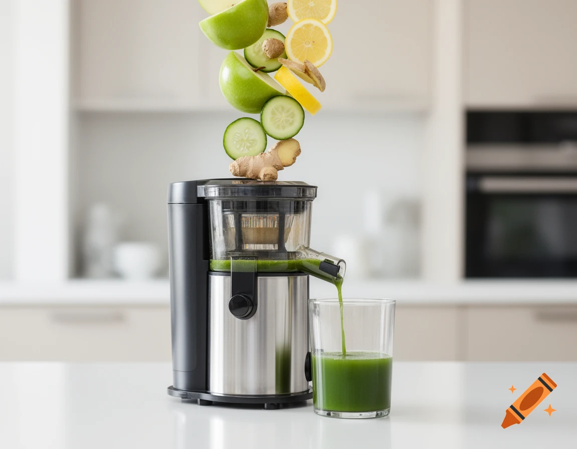 Modern juicer extracting green juice into a glass, with sliced apples, lemon, cucumber, and ginger falling into it in a bright kitchen.