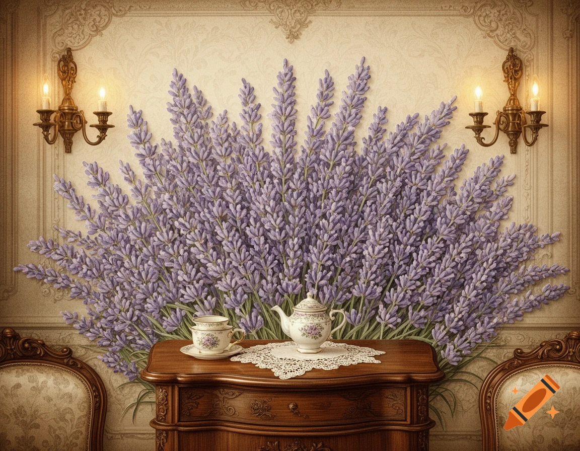 A large, dense display of purple lavender flowers fan out across a Victorian-style wall, flanked by ornate sconces. A wooden dresser holds a white teapot and teacup on a lace doily.