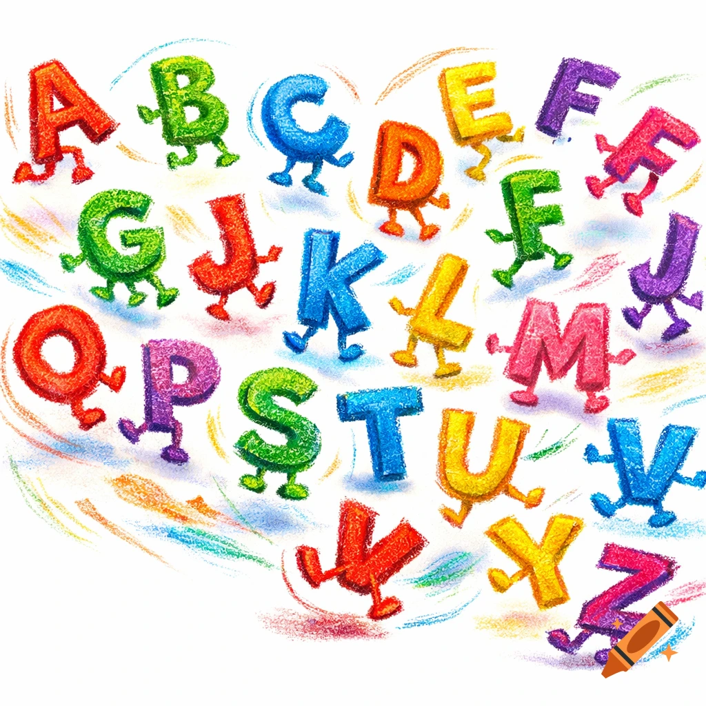 Colorful crayon-drawn uppercase letters of the alphabet, from A to Z, appear to be dancing on a white background with crayon scribbles.