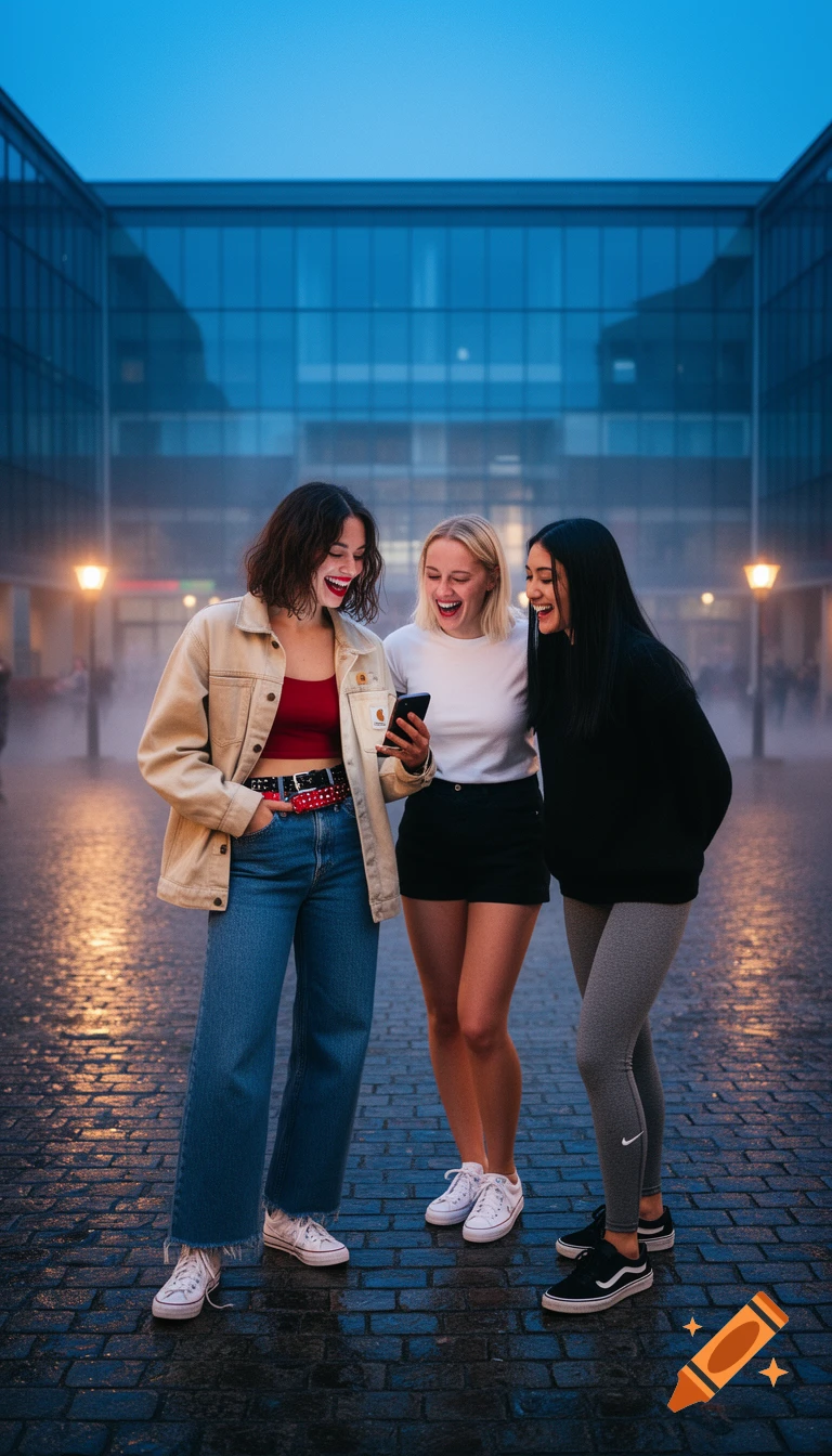 Three young women laugh while looking at a smartphone in a wet university courtyard at dusk, with a modern glass building behind them.
