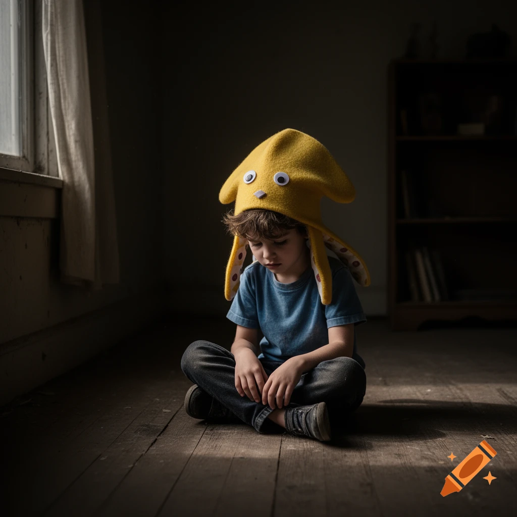 A sad child wearing a yellow squid hat sits on a wooden floor in a dimly lit room, looking down.