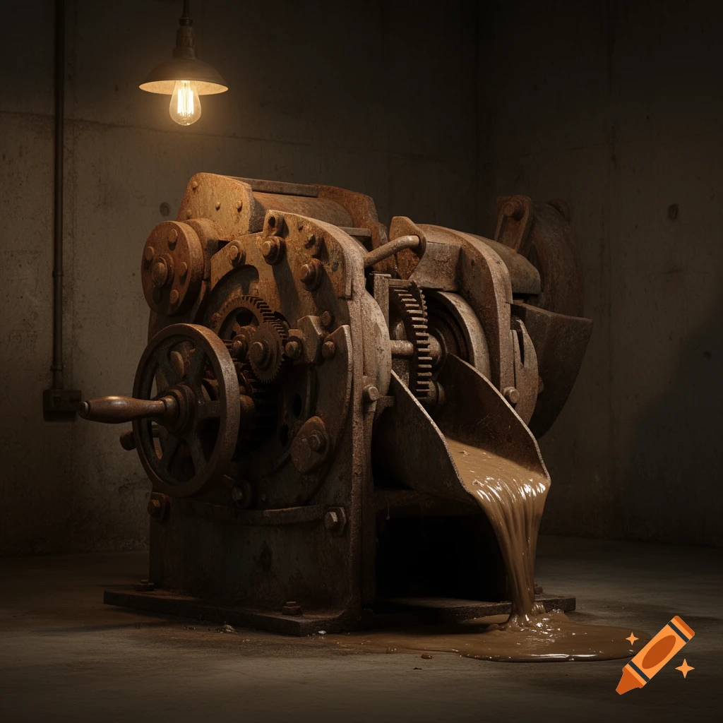 A rusty industrial machine with gears and a crank pours muddy liquid onto a concrete floor, under a dim hanging light bulb.