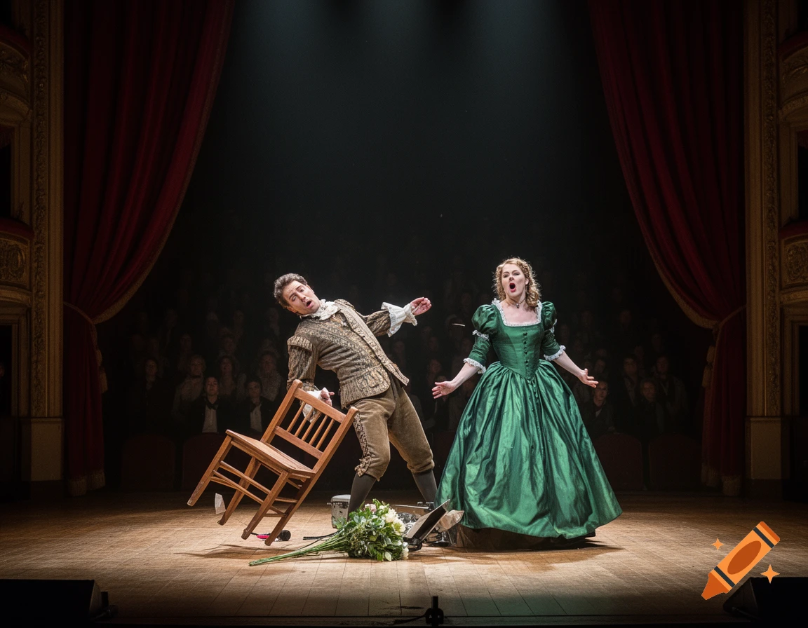 Two performers in historical costumes on a dimly lit stage. A man falls with a chair, and a woman sings dramatically.