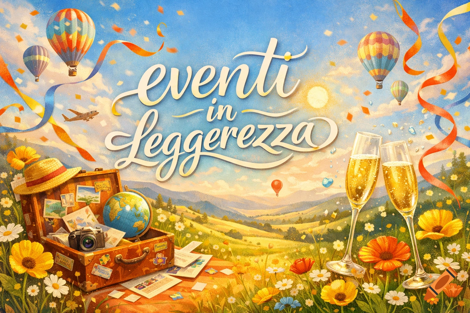 Illustrative scene with 'eventi in leggerezza' text, hot air balloons, a suitcase, globe, champagne glasses, and a vibrant flowery landscape.