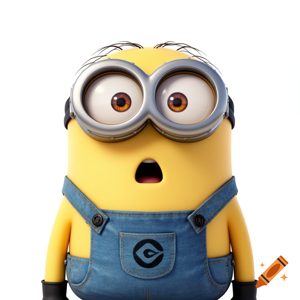 A yellow Minion character with large goggles and denim overalls looks shocked with its mouth open, on a white background.