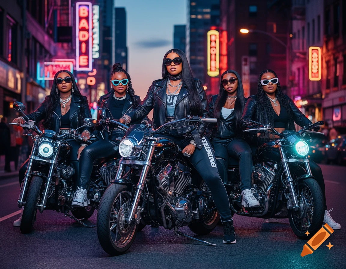 Five women in leather jackets and sunglasses sit on motorcycles on a city street at dusk with neon lights.
