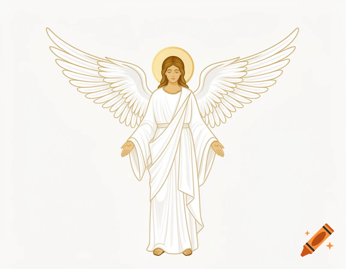A graphic vector illustration of an angel with white robes and wings, a halo, and closed eyes.