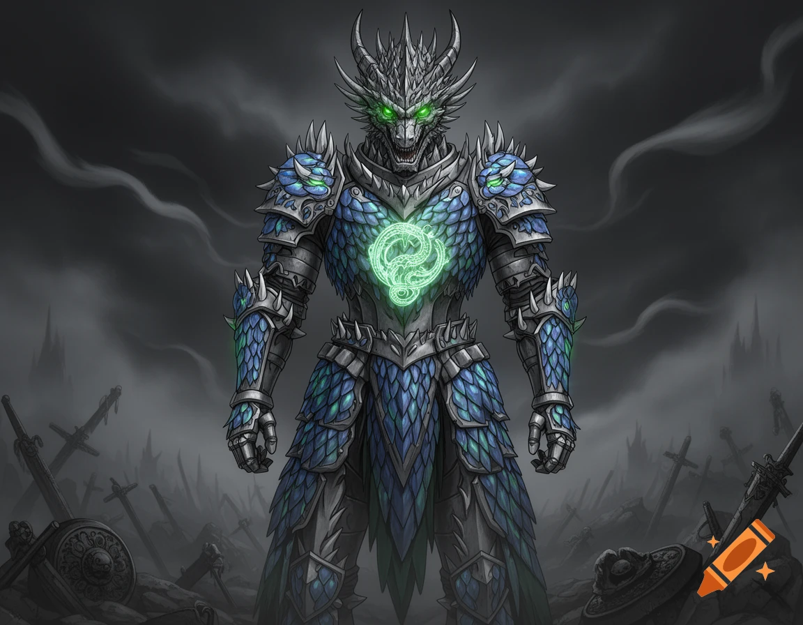 A dragon-like warrior in elaborate blue and green scaled armor with glowing green eyes stands on a smoky, war-torn battlefield.