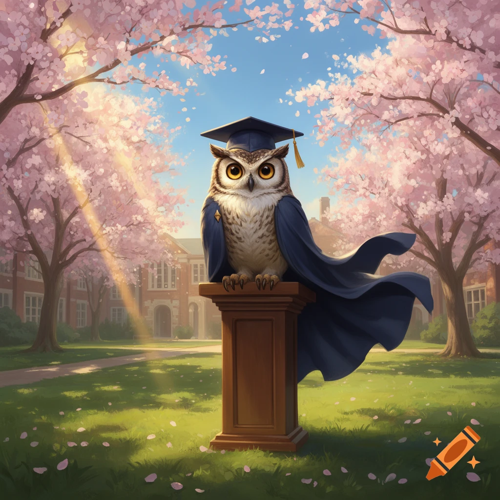 A proud owl mascot in a blue graduation cap and gown stands on a pedestal on a university campus under blooming cherry trees.