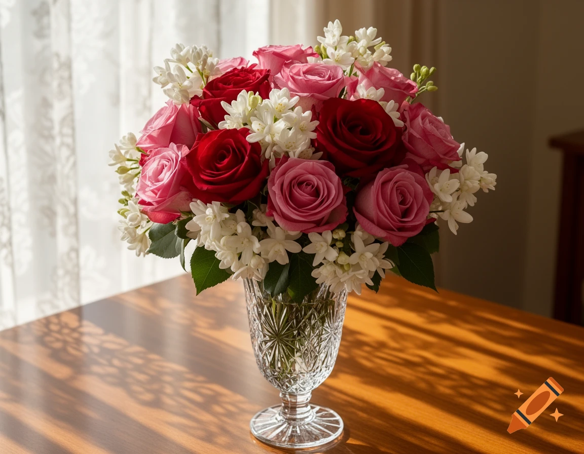A vibrant bouquet of red and pink roses mixed with white jasmine flowers in a cut crystal vase on a sunlit wooden table.