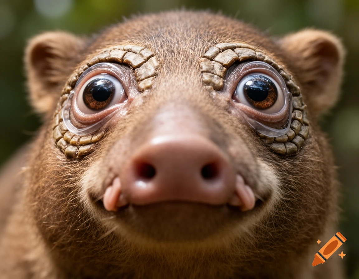 Close-up of a brown, furry fantasy mammal with large bulging eyes, scaly eyelids, and a pig-like snout.