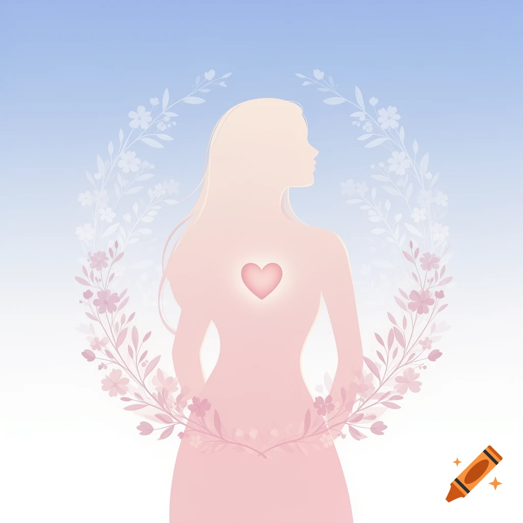 Minimalist illustration of a female silhouette in profile with a glowing heart at the chest, framed by delicate floral branches, on a pastel blue and white gradient background.
