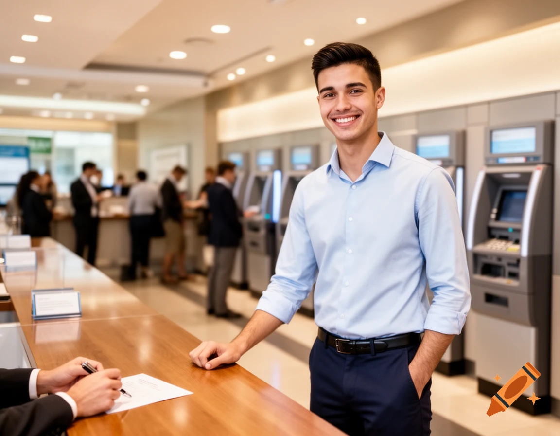 A smiling young man in a light blue shirt and dark pants stands at a bank counter, with other customers and ATMs in the background.