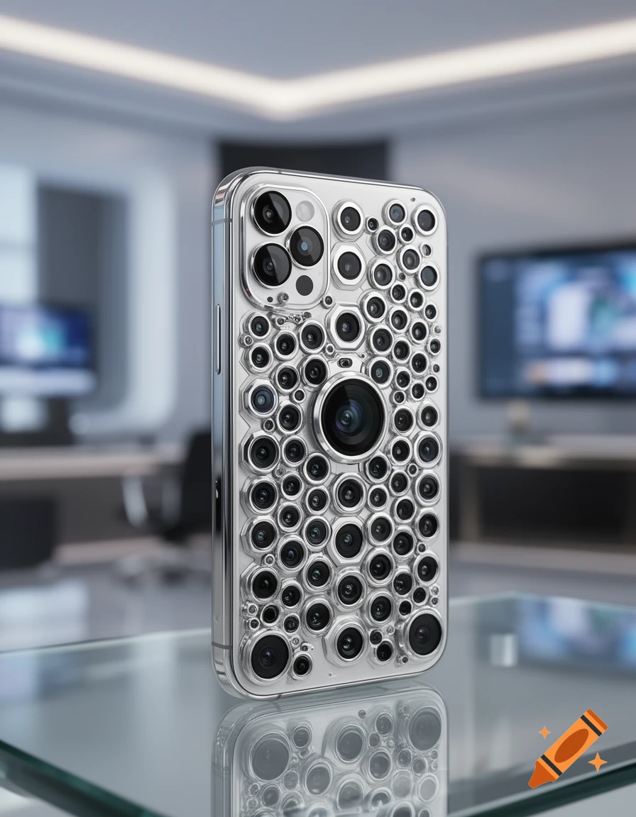 A silver iPhone with dozens of small camera lenses covering its entire back, sitting on a glass table in an office setting.