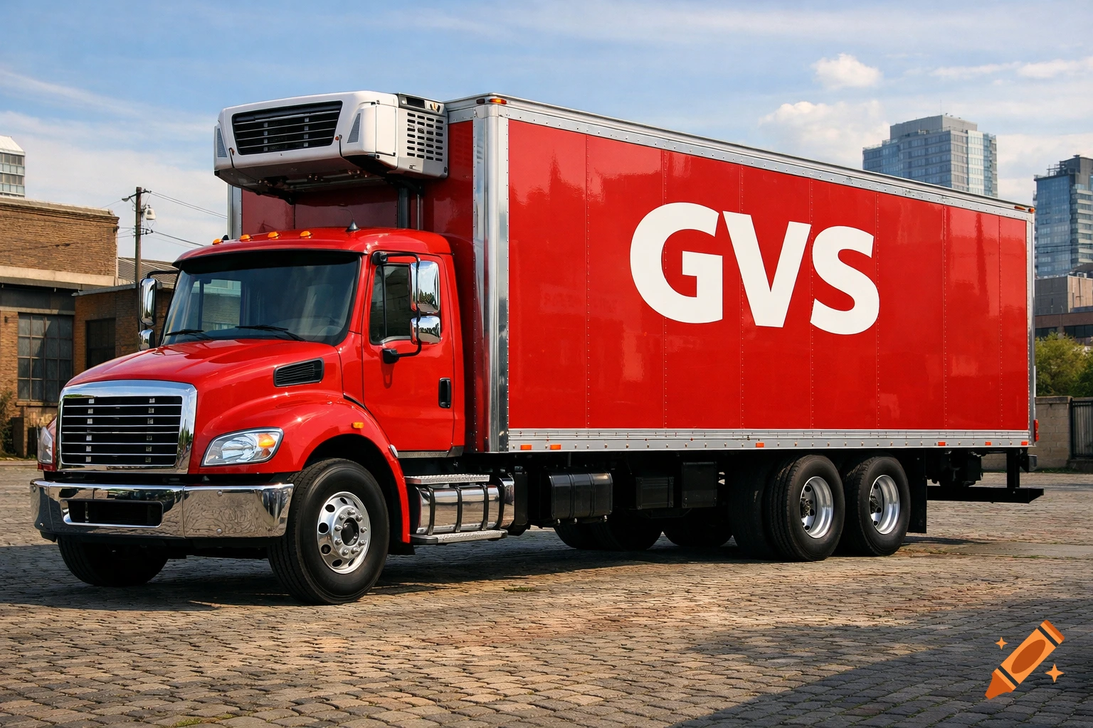 A red refrigerated box truck with 'GVS' on its side is parked on a cobblestone lot.