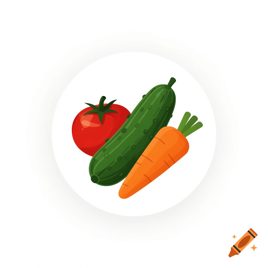 Vector illustration of a red tomato, green cucumber, and orange carrot in a white circle.