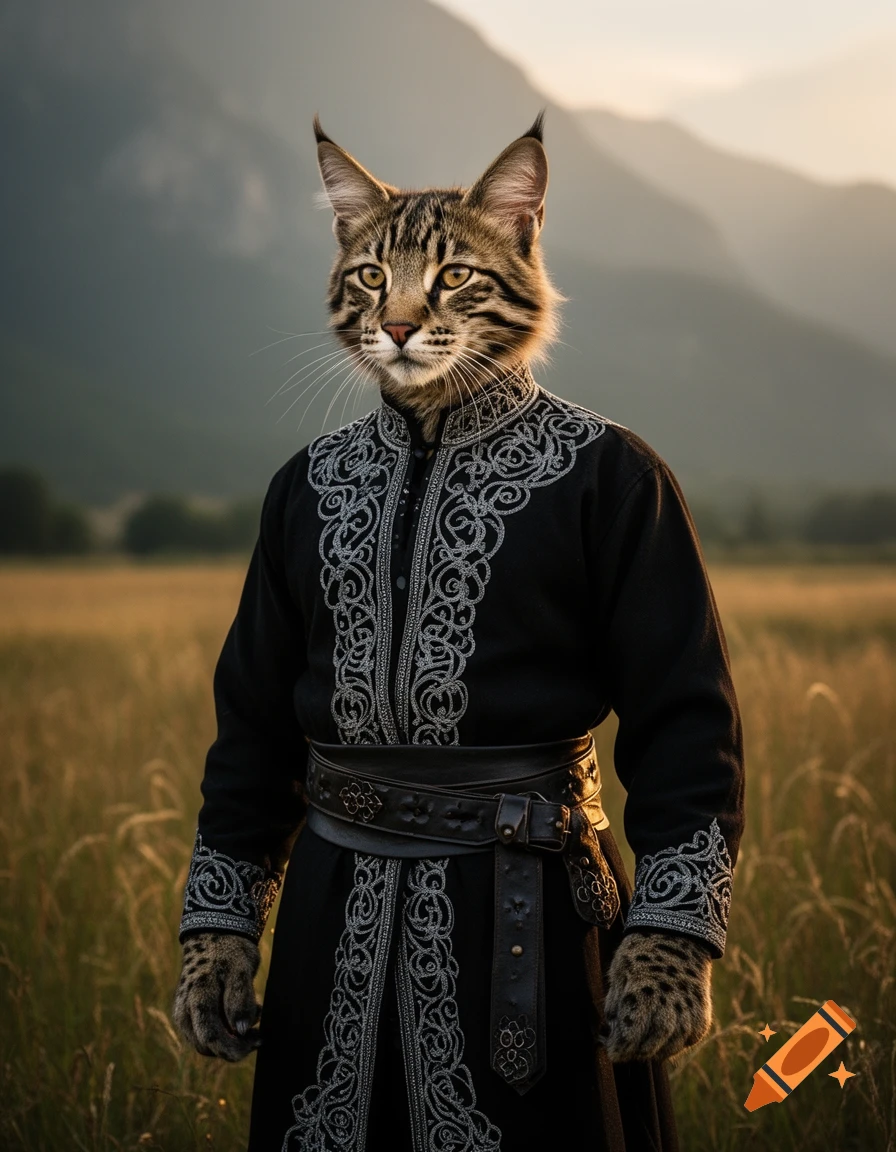 A photorealistic Khajiit in a black Circassian-style tunic with silver embroidery stands in a golden field, mountains in the background.