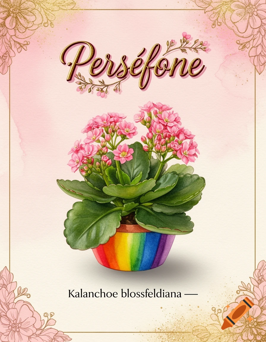 An elegant botanical label for a Kalanchoe plant, featuring pink flowers in a rainbow pot. The name "Perséfone" is at the top, and "Kalanchoe blossfeldiana" is at the bottom, all within a pink and gold floral border.