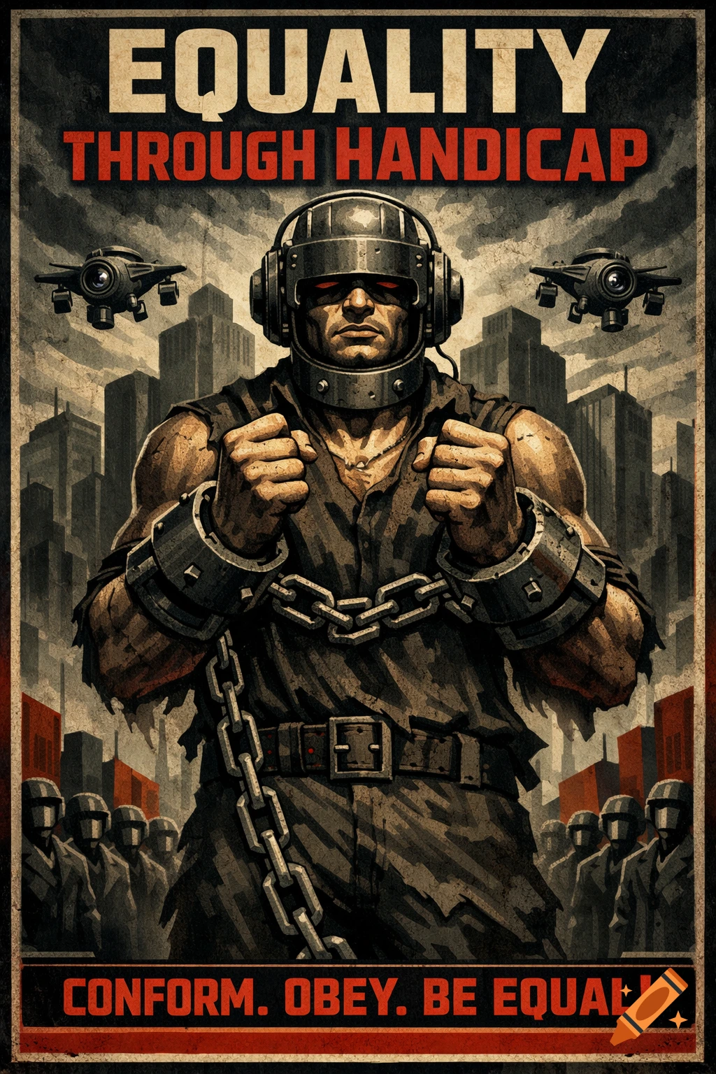 A propaganda poster showing a chained man in a metal helmet, fists clenched, against a dystopian city backdrop. Text reads 'EQUALITY THROUGH HANDICAP' and 'CONFORM. OBEY. BE EQUAL!'.