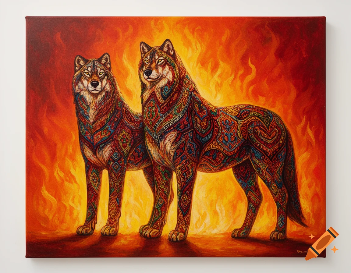 Two stylized wolves with colorful, intricate patterns stand against a fiery orange and red background, painted on canvas.