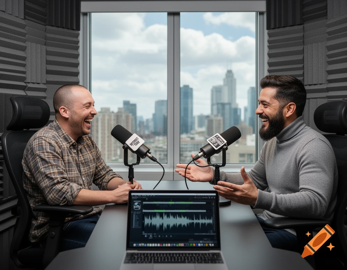 Two men, one bald and one with a beard, laugh while recording a podcast in a modern studio with a cityscape backdrop.